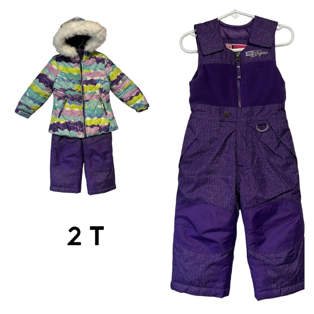 32 degreeses Unisex 2T Snow Ski Suit Overall & Hooded Coat faux fur Purple EUC